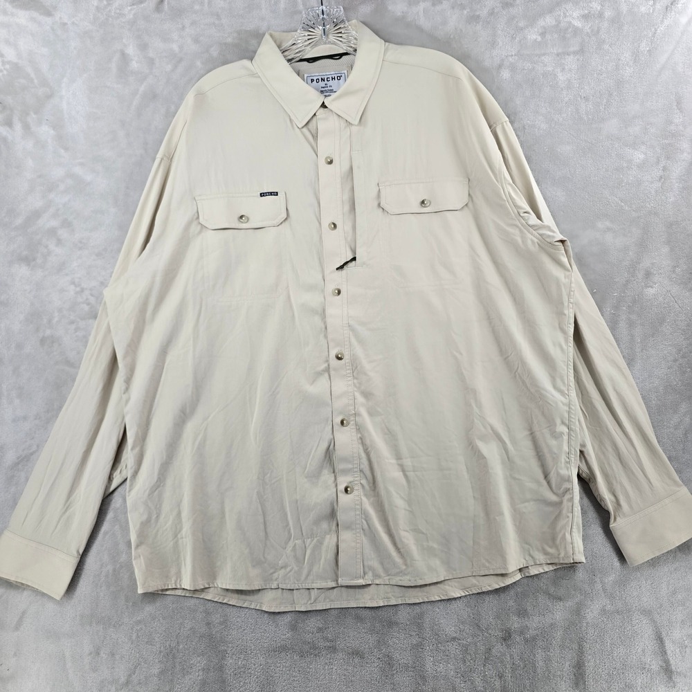 Poncho Outdoors Shirt Mens XL Beige Long Sleeve Magnetic Pockets Nylon Spandex